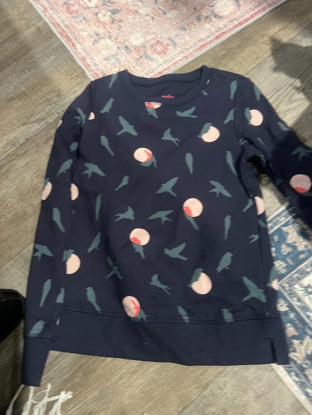 Boden Navy Crewneck Sweater with Pink Peach & Teal Bird Print